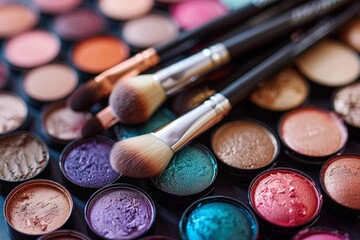 Closeup of three makeup brushes on top of a colorful eyeshadow palette with different shades