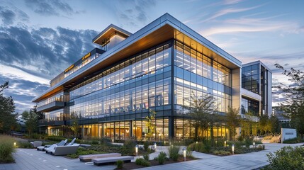 Obraz premium Modern glass office building at sunset with reflective windows and landscaped surroundings. Architectural photography with vibrant sky. Contemporary business and corporate concept for design and print
