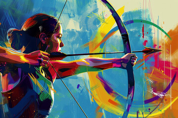 A stylized painting of a female archer aiming her bow, characterized by vivid colors and abstract elements, conveying determination and strength.