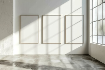 Sunlit minimalist gallery with three blank picture frames on a white wall and large window casting shadows. high quality