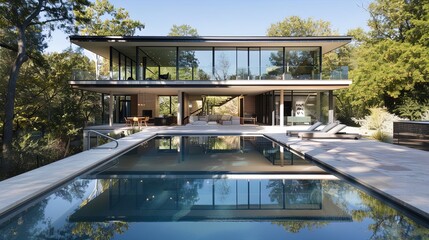 Fototapeta premium Modern luxury house with glass walls and outdoor pool at twilight surrounded by trees. Architectural photography with evening sky. Contemporary living and outdoor relaxation concept for design