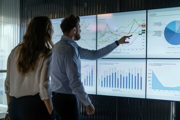 A man and woman stand in front of a large screen, analyzing financial charts together in a professional setting, Colleagues analyzing financial charts on a large screen