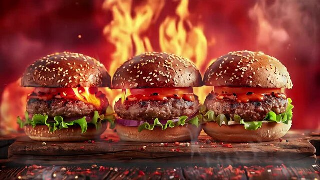 Tasty burger with french fries and fire.