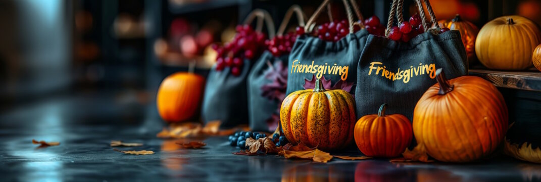 Friendsgiving bags with pumpkins and grapes, symbolizing celebration and harvest, suitable for Friendsgiving and Thanksgiving Day