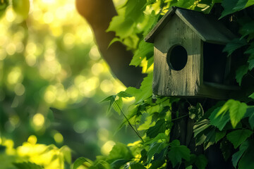 Wooden birdhouse amongst vibrant green leaves, beautifully backlit by the warm, golden glow of a setting sun in a tranquil forest setting. high quality