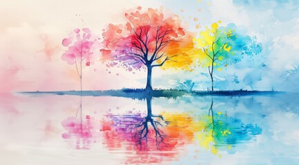 Obraz premium Multicolored tree bright illustration water reflection nature artistic backgrounds colorful pink blue yellow forest