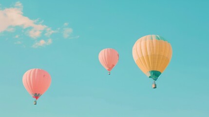 Fototapeta premium Three hot air balloons float in a bright blue sky with a single cloud