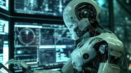 Fototapeta premium A cuttingedge robot is conducting complex data analysis in a futuristic, advanced laboratory setting, incorporating elements of automation, cybernetics, and sophisticated technology