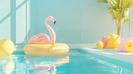 A pink flamingo pool float sits in a blue swimming pool. A palm tree grows next to the pool and several yellow and pink pool floaties lay on the edge