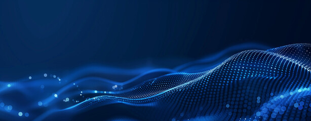 3d Dynamic blue dotted particle wave on dark blue abstract background. Abstract sound visualization. Digital structure of the wave flow of luminous particles.