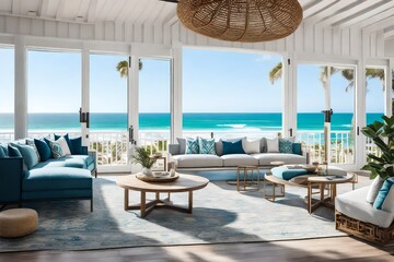 Modern living room with pool with the view of sea.