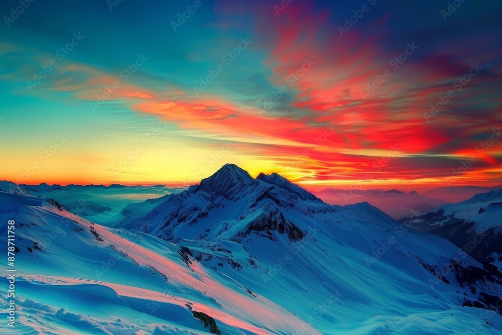 Poster A vibrant sunset casting colorful hues over a snowy mountain range, Colorful sunsets illuminating the skies over snowy mountain ranges