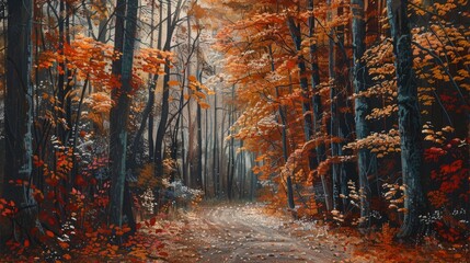 Fall leaves, an enchanting forest path blanketed with autumn leaves, the pathway winding through tall trees with leaves in full autumn hues