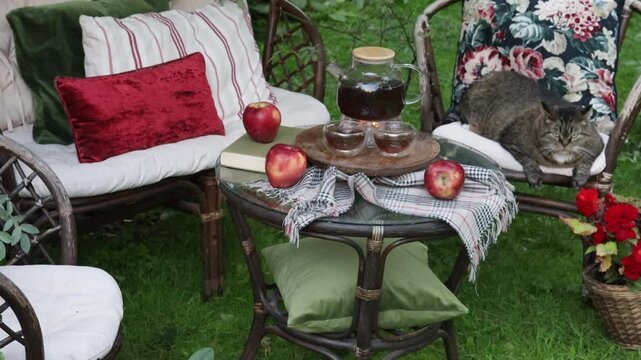 cozy garden spot in the yard under the apple tree, wicker furniture and flowers in cachepots
