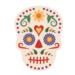 Mexican skull isolated on white background.  Dia de los muertos. Skull icon with color flowers, national ornament. Traditional festive element for decoration party, holiday, Day of the dead. Vector