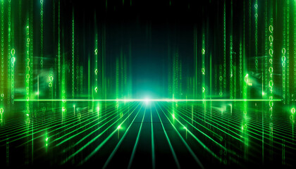 Abstract visualization of information and data exchange, data flow, digital code data streaming on a dark, reflected on the black mirror