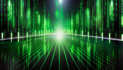 Abstract visualization of information and data exchange, data flow, digital code data streaming on a dark, reflected on the black mirror