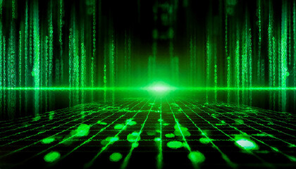 Abstract visualization of information and data exchange, data flow, digital code data streaming on a dark, reflected on the black mirror