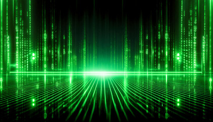 Obraz premium Abstract visualization of information and data exchange, data flow, digital code data streaming on a dark, reflected on the black mirror