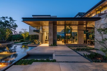 Obraz premium A modern house featuring a pool in the front yard, Combine architectural elements from diverse cultures to create a new hybrid style
