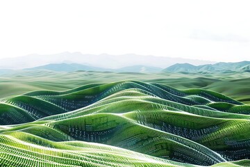 A landscape of rolling hills made entirely of cascading binary numbers