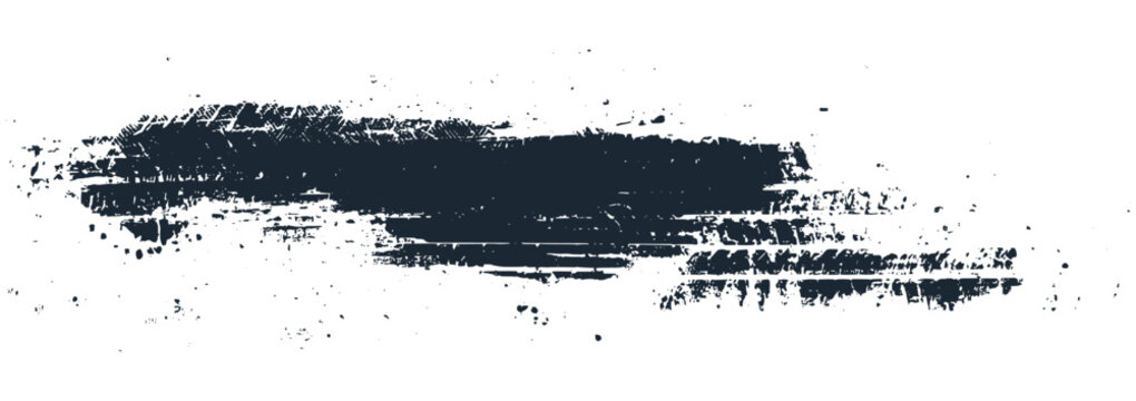 Mud tire tracking. Dirt track from the car wheel protector. Tire mark silhouette. Grunge overlay texture. Abstract black pattern. Vector illustration, EPS 10.
