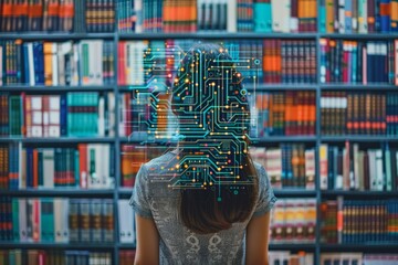 A woman stands in front of a bookshelf, with a digital circuit board overlaying her head