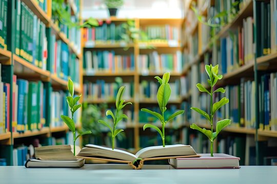 A library with books that grow taller as they are read, illustrating knowledge expansion