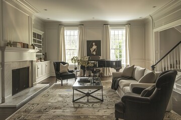 Fototapeta premium A room filled with various pieces of furniture including a piano, Combine traditional and digital design elements for a contemporary feel