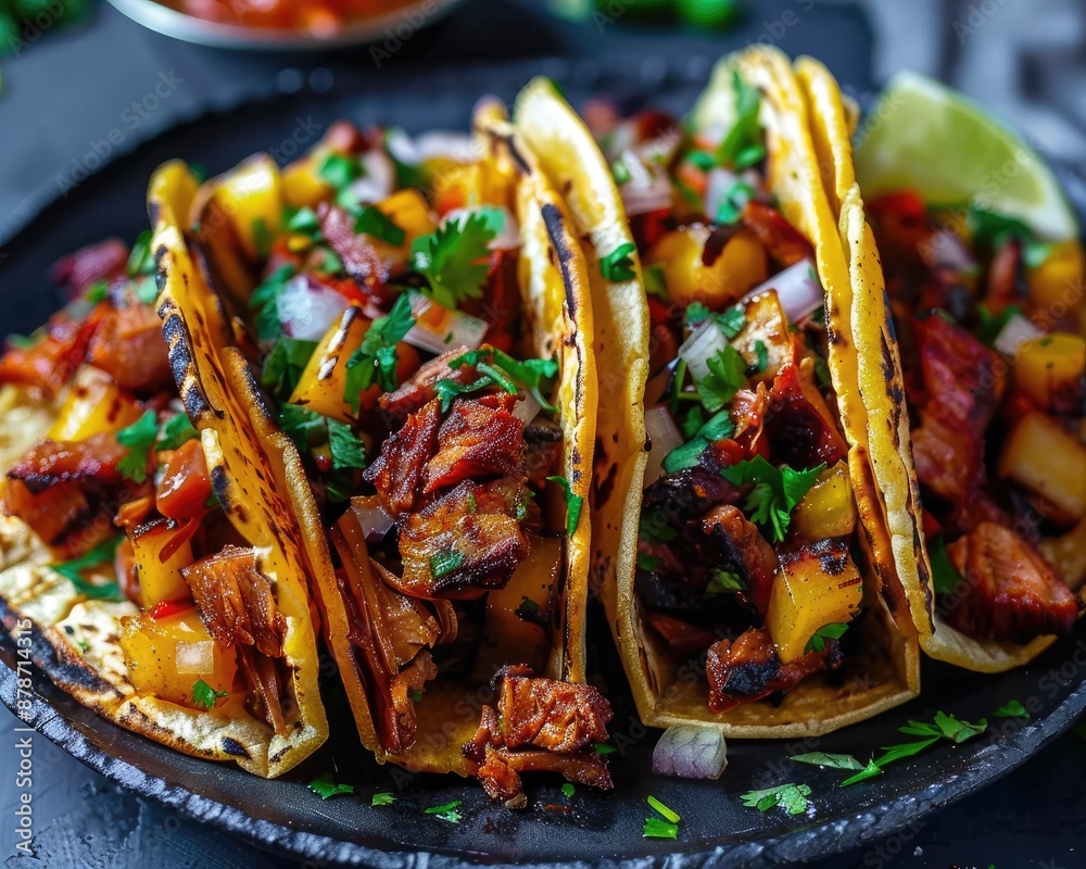 Wall mural a close-up shot of three delicious tacos filled with juicy meat, fresh vegetables, and garnished wit