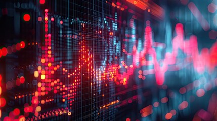 Fototapeta premium A dynamic digital representation of data analysis with red and blue graph lines and glowing points on a dark background, symbolizing technology and information flow
