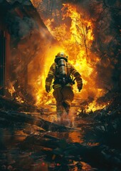 A brave firefighter in full gear battling intense flames in a dramatic scene, highlighting the courage and heroism of first responders