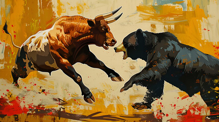 Artistic Style Painting of Bull VS Bear Bull Market VS Bear Market Stock Market Wall Street Aspect 16:9