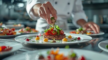 An exquisite gourmet meal being served in an upscale restaurant, with a focus on fine dining, presentation, and culinary artistry