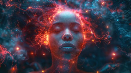 A vibrant visualization of neural activity with glowing red and blue patterns.