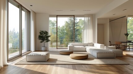 Fototapeta premium A contemporary home interior featuring sleek furniture, soft tones, and expansive windows for natural light, embodying simplicity and elegance.