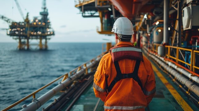 Worker in orange safety gear and helmet, looking at an offshore oil rig in the ocean.