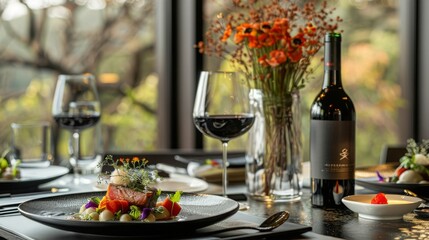 A lavish dinner with gourmet plates, premium wine, and a sophisticated setting, showcasing luxury and refinement.