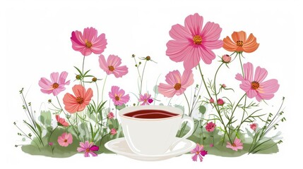 a cup of tea, cosmos flowers, flat color illustration, whimsical, isolated on white background