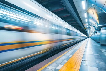 A high-speed train speeding through a modern railway station, blurred motion conveying its swift movement