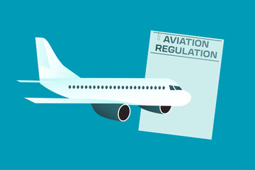 Aviation regulation.Airplane with text document isolated on dark background. Law concept.