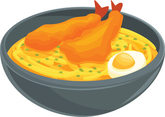 Grey bowl of appetizing ramen soup with shrimps, noodles, egg and greens