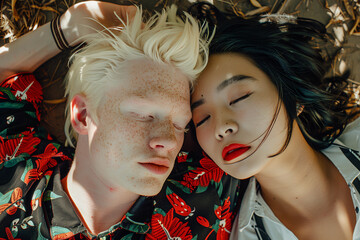 Obraz premium portrait of an interracial young couple, blonde white albino boy with freckles and an asian beauty girl