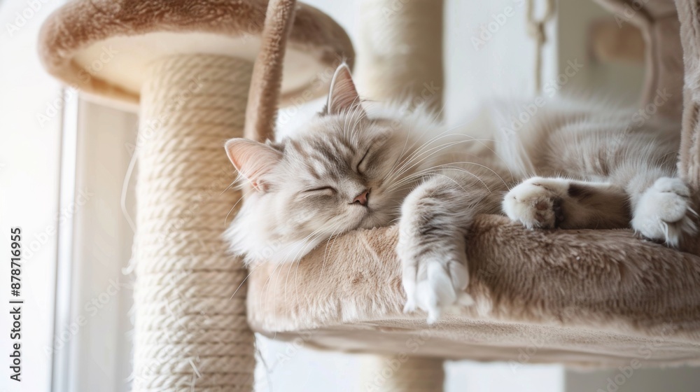 Aufkleber fluffy cat lounging inside a multi-level cat tree, enjoying a peaceful nap.