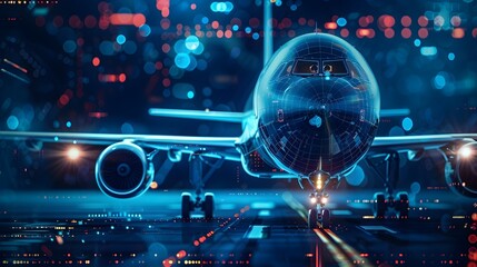 Fototapeta premium Cybersecurity Solutions for the Aviation Industry at Night with Aircraft and Terminals