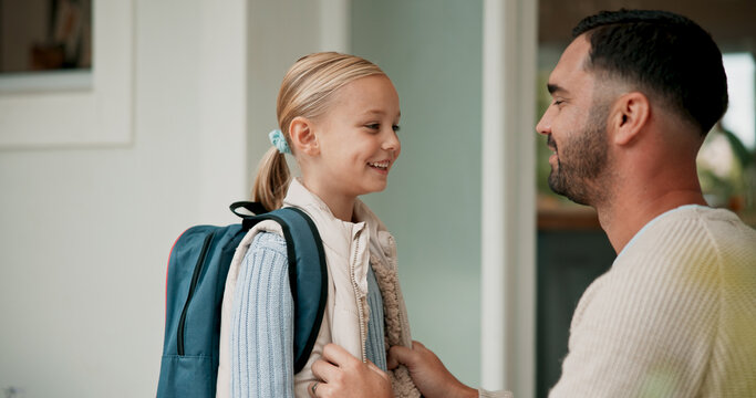 Home, backpack and father with girl, smile and prepare for school, bonding together and love. Apartment, single parent and dad with daughter, conversation or motivation with discussion or development