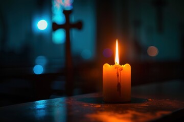A tranquil image of a candle burning brightly in front of a cross