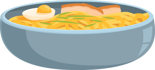 Delicious bowl of ramen noodles is being served with pork, egg and green onions