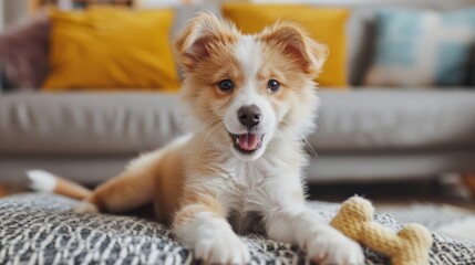 Fluffy puppy chewing on a toy bone, enjoying playtime in a living room setting.