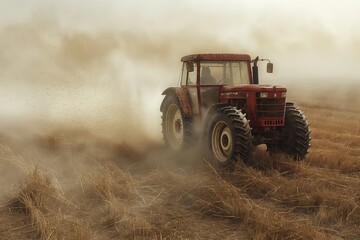 Fototapeta premium Vintage tractor surrounded by swirling dust in a recently harvested wheat field